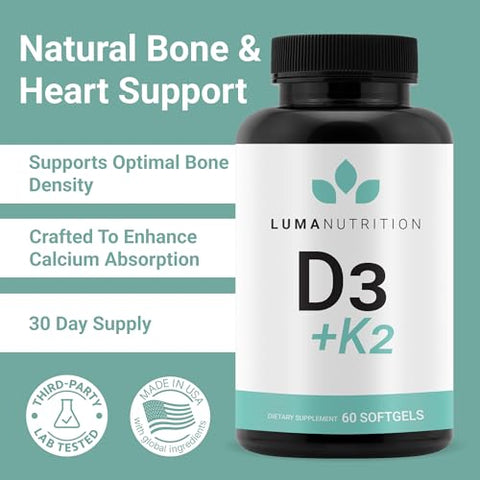 D3 K2 Vitamina 10000 UI – Suplemento para Saúde Óssea e Cardíaca – Suporte Imunológico Máximo e Absorção de Cálcio – 60 Softgels - Luma Nutrition