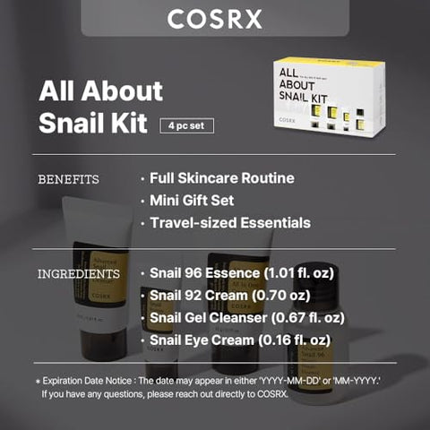 Skincare Coreano com Caracol | Kit de Viagem Aprovado pela TSA, Tamanho Reduzido, Presente com Gel de Limpeza Facial, Essência, Creme - COSRX