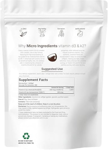 Generic - Vitamina D3 K2 Softgels, 300 Unidades, 10000 UI Vitamina D3, 200 mcg Vitamina K2, Sem OGM, Sem Glúten, Sem Soja, Ósseo