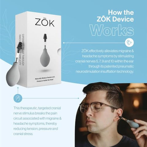 Redutor Natural de Tensão e Pressão para Sintomas de Enxaqueca e Dor de Cabeça, Estimulação da Pressão do Ouvido Interno, Branco - ZŌK