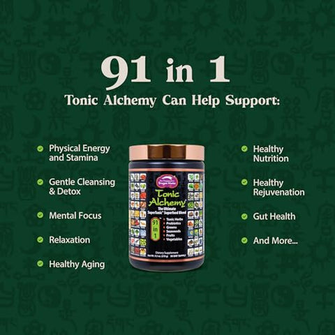 Tonic Alchemy: Pó de Super Alimentos com 91 Ingredientes – Ervas Tônicas, Ashwagandha, Cogumelos, Probióticos, Super Verdes, Algas Marinhas, Frutas, Vegetais, Spirulina – 500g - Dragon Herbs
