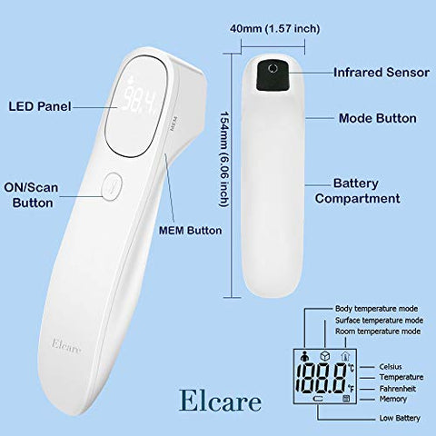 Elcare - Termômetro Infravermelho Sem Contato para Todas as Idades – Atualizado Grau Hospitalar, Modo de Temperatura Corporal e Ambiente, Display LED Grande e Suave