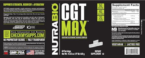 CGT-MAX em Pó – Creatina, Glutamina e Taurina para Recuperação Muscular e Força – 40 Porções – Sem Sabor - NutraBio