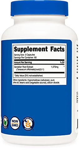 Dandelion Root 525mg – 180 Cápsulas (3 Frascos) – 1575mg por Porção, Livre de Transgênicos, Sem Glúten - Nutricost