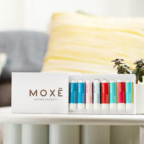 MOXE - MOXĒ Bundle Inalador Nasal, 8 Misturas de Óleos Essenciais, Varetas de Aromaterapia, Aquecedor