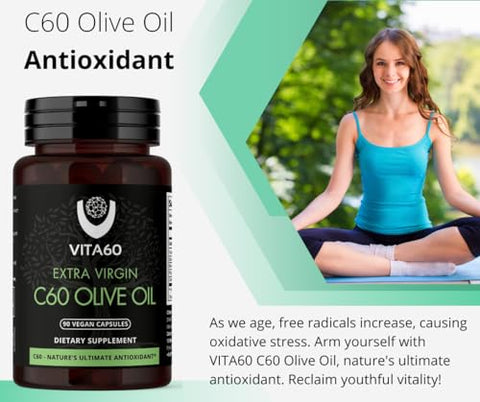 VITA60 - Cápsulas de Óleo C60 | Vitalidade Antienvelhecimento e Suporte Antioxidante | C60 Puro 99,99% Livre de Solventes | Óleo Orgânico | Amigável aos Veganos | Atendimento ao Cliente Superior (Azeite)