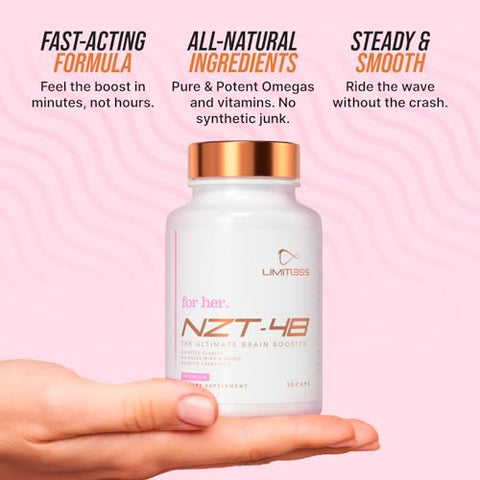 Premium Brain Booster para Mulheres – Suplemento Cerebral Feminino – Suplemento para Memória, Concentração e Energia Natural – Cafeína, AcetvI-L-Carnitina, Vitaminas B6 B12, 30 Porções - NZT-48