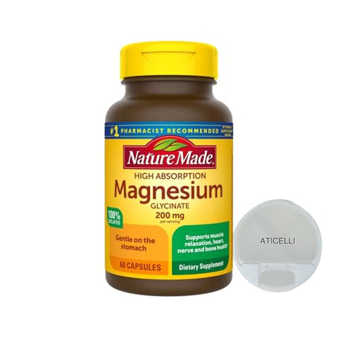 ATICELLI - Magnésio Glicinato 200mg Alta Absorção por Porção, 60 Cápsulas, Suprimento de 30 Dias | Suporta Relaxamento Muscular, Nervos, Ossos e Saúde Cardíaca | Inclui Estojo Giratório Aticelli™