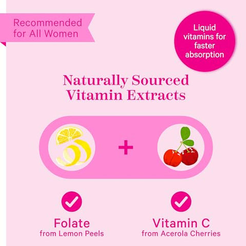 Liquid Folate: Vitamina B9 de Alimentos Integrais de Casca de Limão, Ácido Fólico Natural com Vitamina C, Vitaminas Pré-Natais Líquidas para Mulheres, Essenciais na Gravidez, Propriedade de Mulheres, 2 ml - Pink Stork