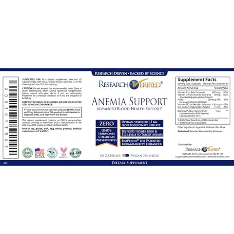 Research Verified - Pesquisa Verificada Anemia Support – Reposição de Ferro, Regulação de Hemoglobina, Melhora de Energia – Ferro, Vitamina C, Vitamina A, B12, Folate, BioPerine – 60 Cápsulas – Vegano