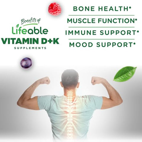 Gomas de Vitamina D3 K2 para Adultos | 1000ui D3 e K2 100mcg | Suplementos Saborosos de D3 e K2 | para Saúde Óssea e Imunidade | VIT D3 K2 para Adultos, Homens e Mulheres | - Lifeable