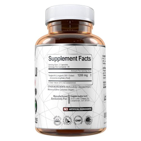 Extrato de Tongkat Ali 200:1, 1200MG Por Porção – 180 Cápsulas Veganas – Energia e Resistência – Livre de Glúten, Não-OGM – Qualidade Premium - Vegan Labs