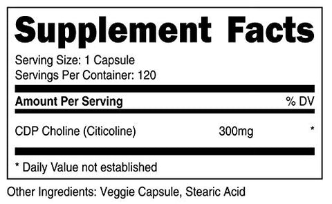 CDP Choline (Citicoline) 300mg – 120 Cápsulas Vegetarianas – Sem OGM, Amigável aos Vegetarianos, Livre de Glúten - Nutricost