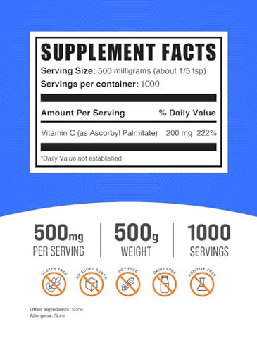com Ascorbyl Palmitate Powder – Vitamina C Ester, 500mg – Suplemento de Vitamina C, Sem Glúten, 500mg por Porção, 500g (1.1 lbs) (Pacote de 1) - BulkSupplements