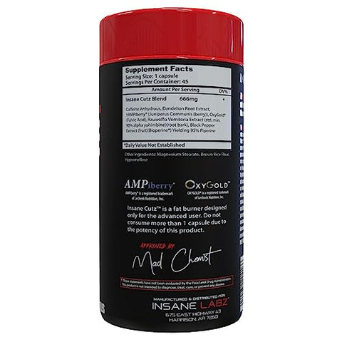 Cutz Intenso Queimador de Gordura para Homens e Mulheres, Suplemento Termogênico para Perda de Peso com Extrato de Raiz de Dente-de-leão Potencializado por AMPiberry, Supressor de Apetite – 45 Diários - Insane Labz