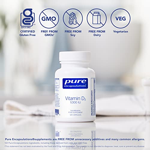 Vitamina D3 25 mcg (1.000 UI) Pure Encapsulations – Suplemento para Suporte Ósseo, Articular, Mamário, Cardíaco, Intestinal