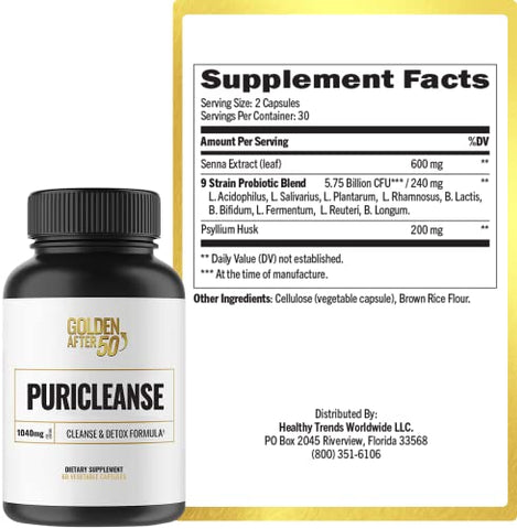 PuriCleanse – Suporte para Desintoxicação e Limpeza do Cólon – 60 Cápsulas, 1040mg – Limpeza Intestinal e Suplemento de Fibras com Extrato de Folha de Sene, Pó de Casca de Psyllium e - Golden After 50