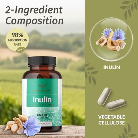 Cápsulas de Inulina – 1200 mg de Raiz de Chicória Inulina, Suplemento de Fibra Prebiótica – Pó de Inulina para Saúde Intestinal - HERBAMAMA