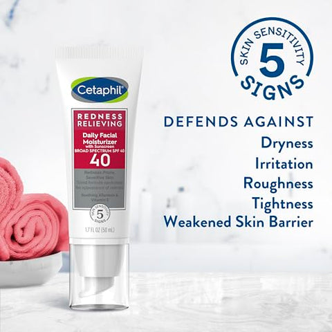 Cetaphil - CETAPHIL Hidratante Facial Diário com FPS 40, 50 ml, Protetor Solar de Amplo Espectro, Tonalidade Neutra, para Pele com Vermelhidão