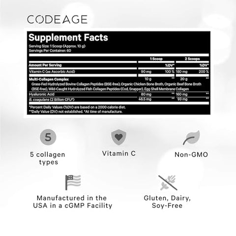 Multi Colágeno Peptídeos Probióticos Edição Black, Vitamina C, Ácido Hialurônico em Pó, Alimentação Natural, Hidrolisado, Zero Carboidratos, Tipo I, II, III, V - Codeage