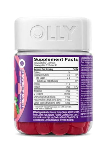 Gummy Sleep Aid 3mg Melatonin, L-Theanine, Camomila, Melissa, Morango, 60 Unidades - OLLY