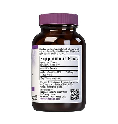 Nutrition Acetyl L-Carnitine – Transporta Ácidos Graxos, Aumenta Energia Celular – Soja – 60 cápsulas - Bluebonnet