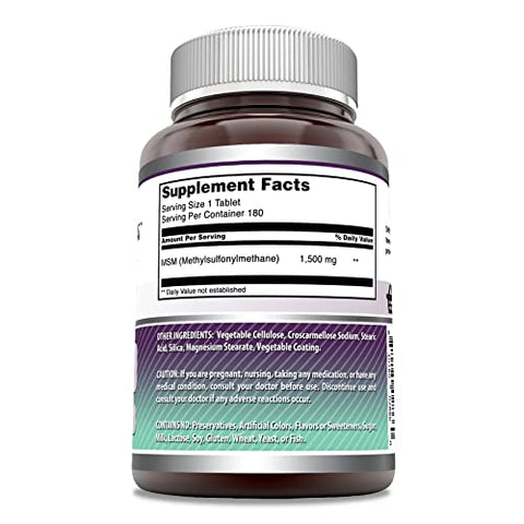 Amazing Nutrition - Amazing Formulas MSM 1500mg 180 Comprimidos | Não-OGM | Sem Glúten | Fabricado nos EUA | Comprimidos de MSM 1500mg | Livre de Glúten | Feito nos EUA