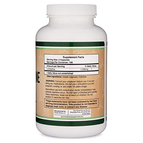 Double Wood Supplements - L Citrulline Capsules 1,200mg por Porção, 210 Unidades (Aumenta os Níveis de L-Arginina, Potencializa Óxido Nítrico) Suplemento para Recuperação Muscular e Melhora Muscular