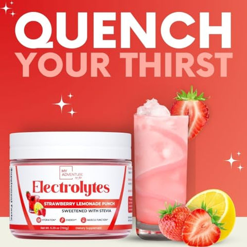 My Adventure to Fit - Zero Sugar – Pó de Eletrólitos de Limonada de Morango – Hidratação Refrescante – Energia Livre de Cafeína – Ingredientes Naturais – Vegano, Keto