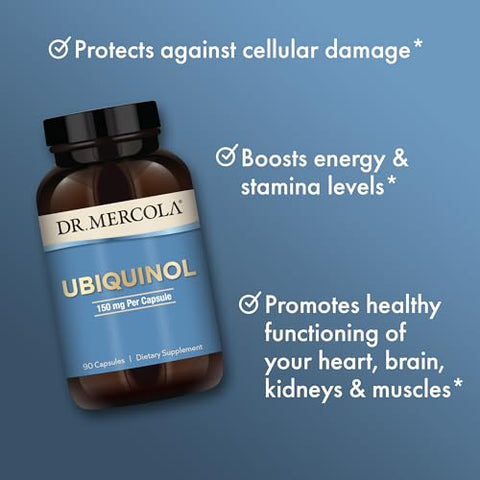 Ubiquinol 150 mg – 90 Cápsulas – Suplemento Dietético – Suporte à Produção de Energia – Não-OGM - Dr. Mercola