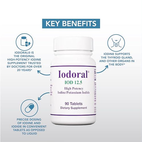 Optimox - Iodoral 12.5mg – Suplemento de Iodo para Suporte da Tireoide, Comprimidos de Iodeto de Potássio, Solução de Lugol, Vitaminas Diárias