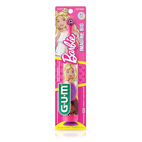 Escova de Dentes Elétrica GUM Barbie Kids com Base de Sucção para Saúde Oral e Remoção de Placa Dental, Idade 3+, 1 unidade (4 pacotes)