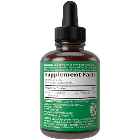 Peak Performance - Vitamina A Líquida Orgânica USDA. Vegan Alta Bioacessibilidade para Saúde dos Olhos, Pele e Ossos. Adultos, Homens, Mulheres, Crianças. Óleo de Vit A Orgânico Palmitato de Retinila