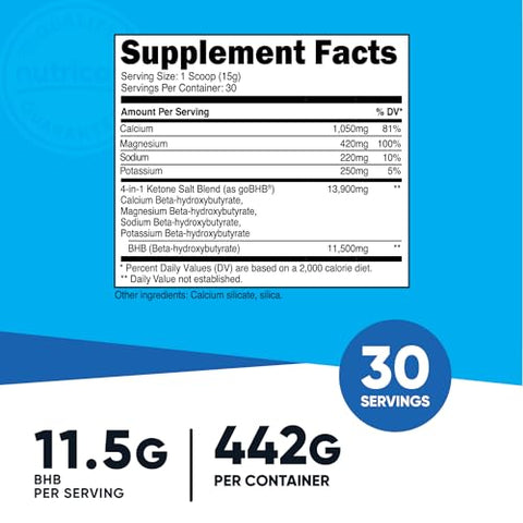 Keto BHB Exogenous Ketones 4-em-1 (30 Porções) 12g Beta-Hidroxibutirato (BHB) Por Porção, (Sem Sabor) – Sais de Cetona - Nutricost