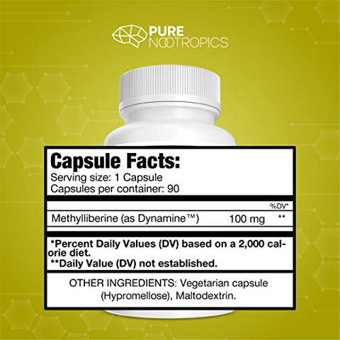 Pure Nootropics - Dynamine 100 mg Cápsulas (90) | Energia Aumentada, Foco | Ácido Metiliberina | Marca Dynamine