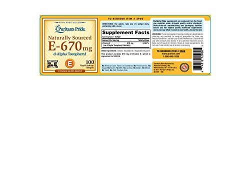 Puritan's Pride - Vitamina E Puritan’s Pride 670 mg 100% Natural – 100 Softgels (Embalagem Pode Variar)