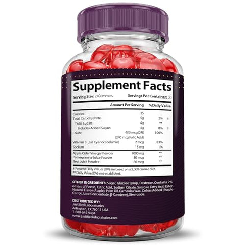 Justified Laboratories - (5 Pacotes) X10 Boost Keto ACV Gummies Fórmula Avançada 1000MG X 10 Boost Keto Gummies Vinagre de Maçã Boost Formulado com Pó de Romã e Beterraba B12 Vegano Não GMO 300g