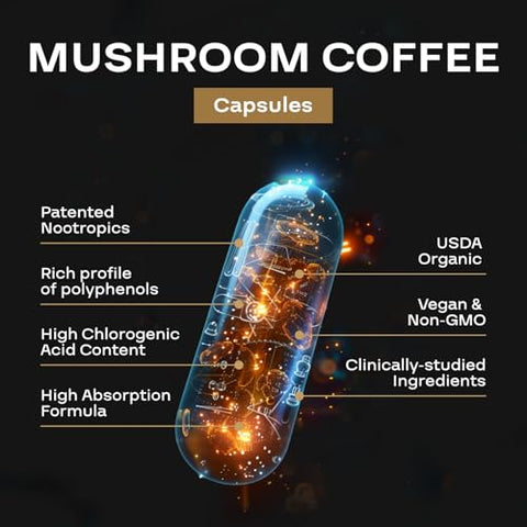 NEXGEN BLENDS - Café Alternativo 100% Orgânico de Cogumelo – Suplemento de Cogumelo do Leão Orgânico com Guayusa Patenteada
