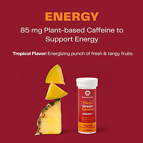 Fizzy Green Tablets Energy Tropical: Comprimidos Efervescentes de Chá Verde com Cafeína, Sabor de Água, Antioxidantes, 10 Unidades (Embalagem com 6) - Amazing Grass