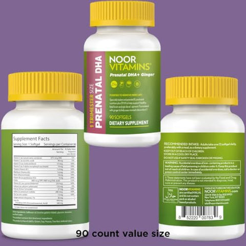 Halal Prenatal Vitamins com DHA e Ácido Fólico, Vitaminas Essenciais, Gengibre para Aliviar o Estômago da Mamãe, Ferro, Cápsulas, Vitamina Pré/Durante/Pós Gravidez - Noor Vitamins