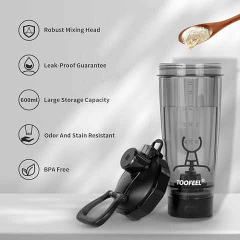 Garrafa Agitadora Elétrica TOOFEEL – 600 ml Recarregável por USB para Shake de Proteína, Garrafa Agitadora Autolimpante para Misturas de Proteína, Livre de BPA para Treino na Academia