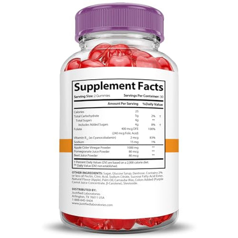 Justified Laboratories - Rapid Ripped Keto ACV Gummies 1000MG Fórmula Avançada – Gomas de Vinagre de Maçã Rapidripped Keto com Romã e Beterraba em Pó B12 Vegan Non GMO 60 Gummys