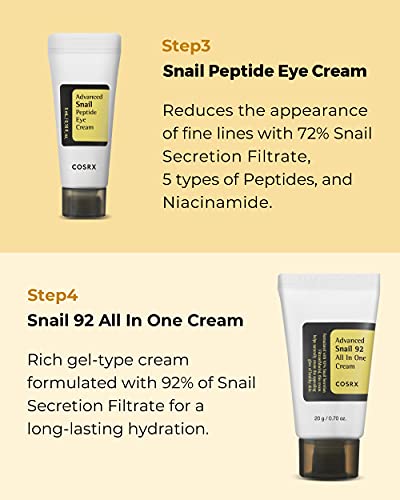 Skincare Coreano com Caracol | Kit de Viagem Aprovado pela TSA, Tamanho Reduzido, Presente com Gel de Limpeza Facial, Essência, Creme - COSRX