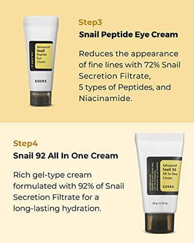 Skincare Coreano com Caracol | Kit de Viagem Aprovado pela TSA, Tamanho Reduzido, Presente com Gel de Limpeza Facial, Essência, Creme - COSRX