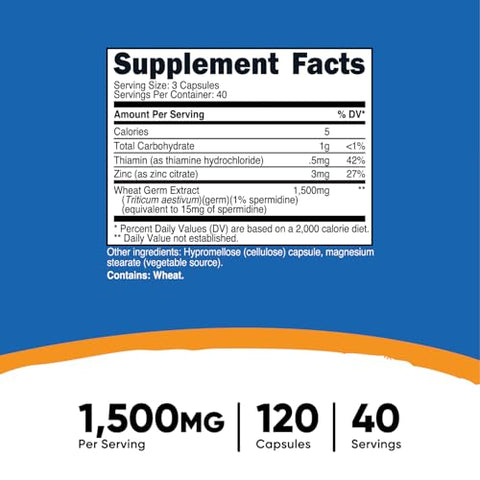 Extrato de Germen de Trigo com Spermidina, 1500mg, 120 Cápsulas – 15mg de Spermidina por Porção, 40 Porções, Vegetariano e Não-OGM - Nutricost