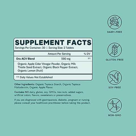 Pílulas de Vinagre de Maçã ACV – Impulsionador de Metabolismo, Desintoxicação, Gerenciamento de Peso – Sabor Orgânico de Maçã, 1 Mês de Suprimento, 60 Comprimidos Veganos - Ora Organic