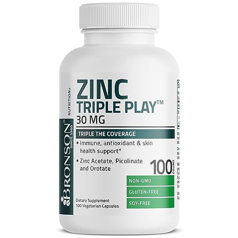 Zinc Triple Play 30 mg – Suporte Imunológico Triplo com Acetato e Picolinato de Zinco – 60 cápsulas - Bronson