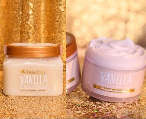 Conjunto Presente Tree Hut Vanilla Shea Sugar Scrub com Manteiga Corporal Batida, Novo Aroma 2023, 26,4 Onças Bege