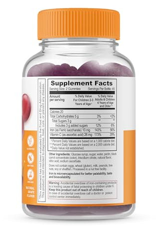 Ferro para Crianças – com Vitamina C – 10 mg – Sabor Natural Delicioso – Suplemento em Goma Livre de Glúten, Vegetariano e Livre de OGM – para Deficiência de Ferro – para Crianças - Lifeable
