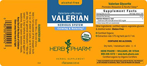 Extrato Líquido de Raiz de Valeriana Orgânica Certificada para Relaxamento e Sono Repousante, Glicerina Livre de Álcool, 120 ml - Herb Pharm